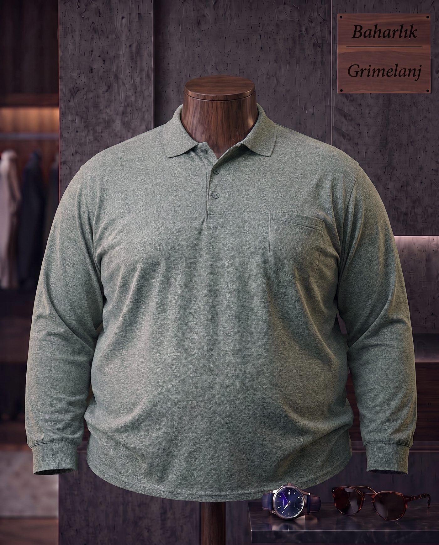 Baharlık Düz Cepli Polo Yaka Uzun Kollu Tişört (Battal) — Gri Melanj