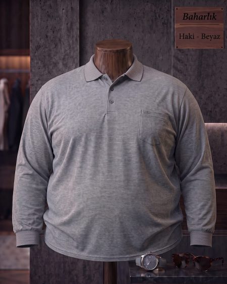 Baharlık Düz Cepli Polo Yaka Uzun Kollu Tişört (Battal) — Haki, Beyaz