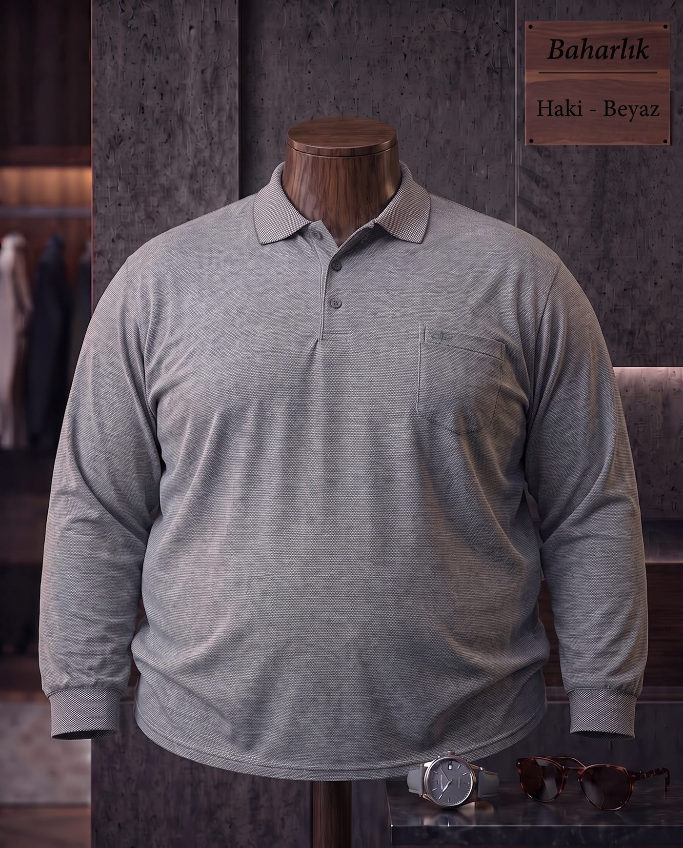 Baharlık Düz Cepli Polo Yaka Uzun Kollu Tişört (Battal) — Haki, Beyaz