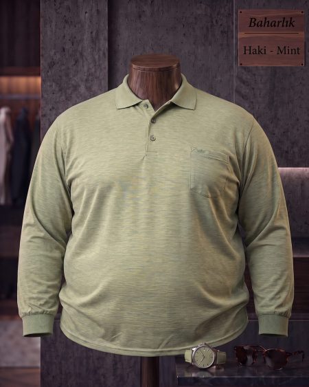 Baharlık Düz Cepli Polo Yaka Uzun Kollu Tişört (Battal) — Haki, Mint