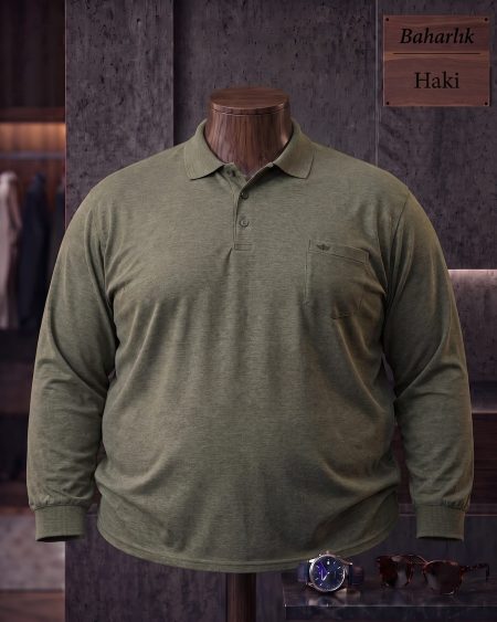 Baharlık Düz Cepli Polo Yaka Uzun Kollu Tişört (Battal) — Haki