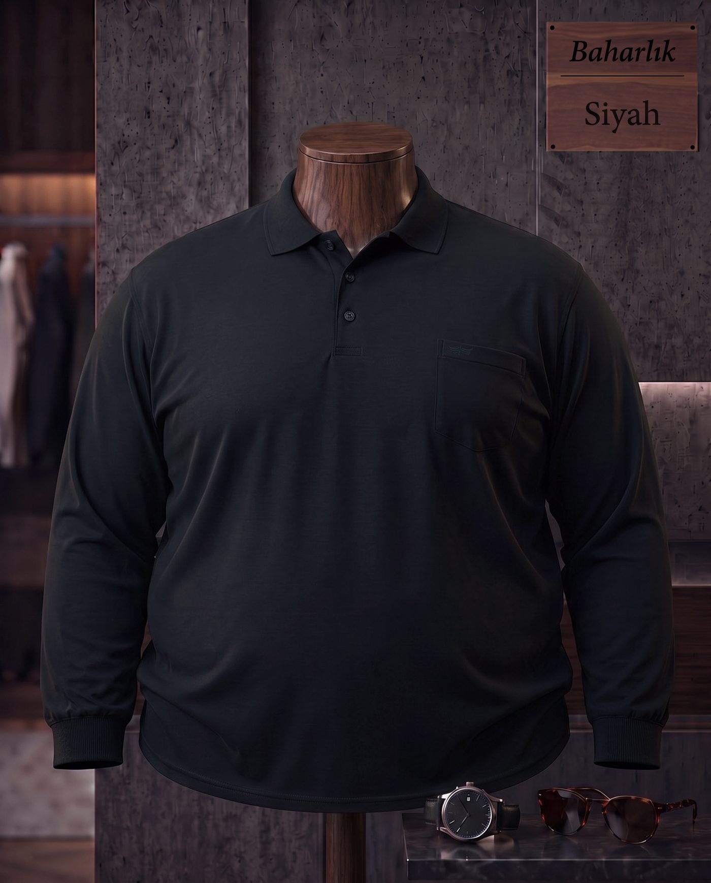 Baharlık Düz Cepli Polo Yaka Uzun Kollu Tişört (Battal) — Siyah