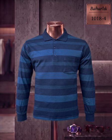 Mid-Season Striped Long Sleeve Polo Shirt with Pocket — 1018-4
