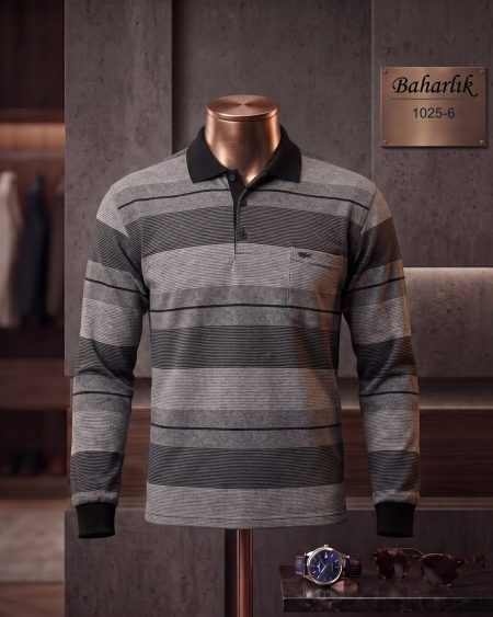 Mid-Season Striped Long Sleeve Polo Shirt with Pocket — 1025-6