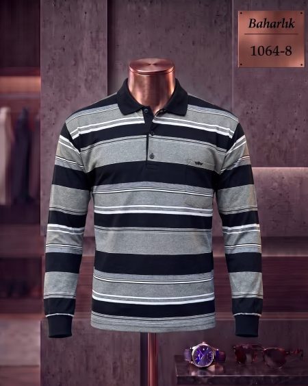 Mid-Season Striped Long Sleeve Polo Shirt with Pocket — 1064-8