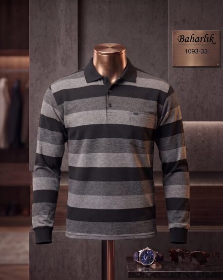 Mid-Season Striped Long Sleeve Polo Shirt with Pocket — 1093-33