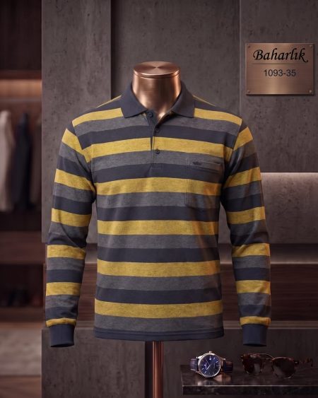 Mid-Season Striped Long Sleeve Polo Shirt with Pocket — 1093-35