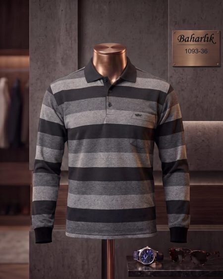 Mid-Season Striped Long Sleeve Polo Shirt with Pocket — 1093-36