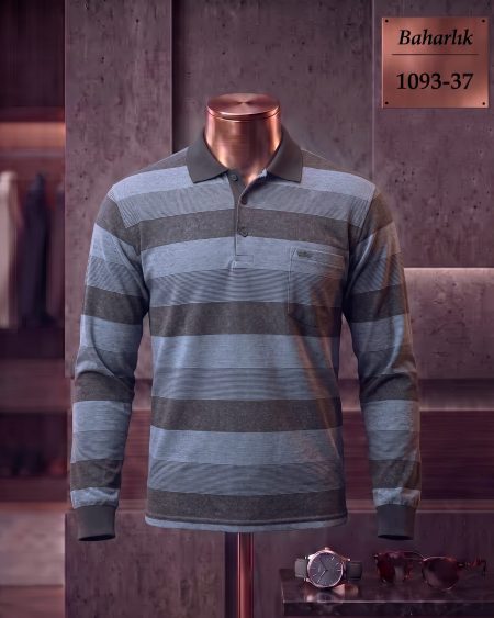 Mid-Season Striped Long Sleeve Polo Shirt with Pocket — 1093-37
