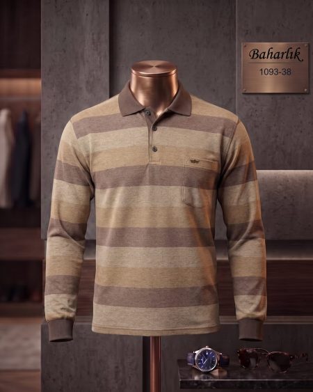 Mid-Season Striped Long Sleeve Polo Shirt with Pocket — 1093-38