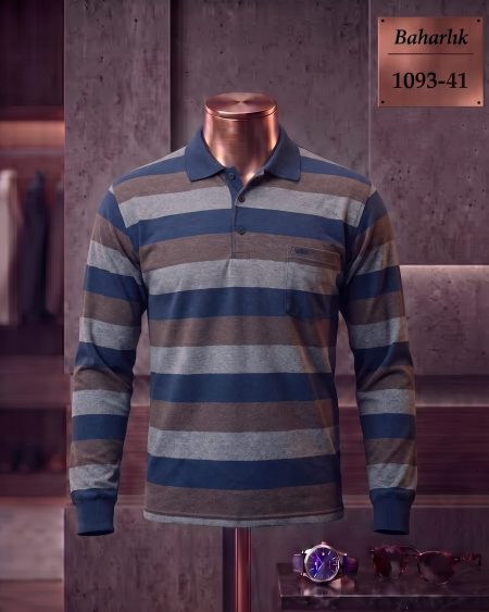Mid-Season Striped Long Sleeve Polo Shirt with Pocket — 1093-41