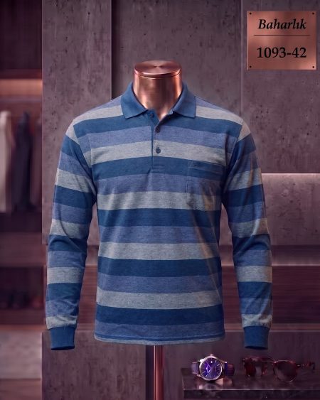 Mid-Season Striped Long Sleeve Polo Shirt with Pocket — 1093-42