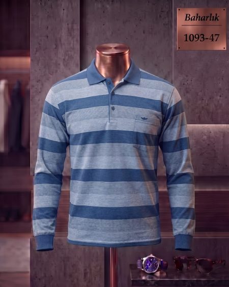 Mid-Season Striped Long Sleeve Polo Shirt with Pocket — 1093-47