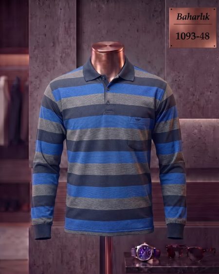 Mid-Season Striped Long Sleeve Polo Shirt with Pocket — 1093-48