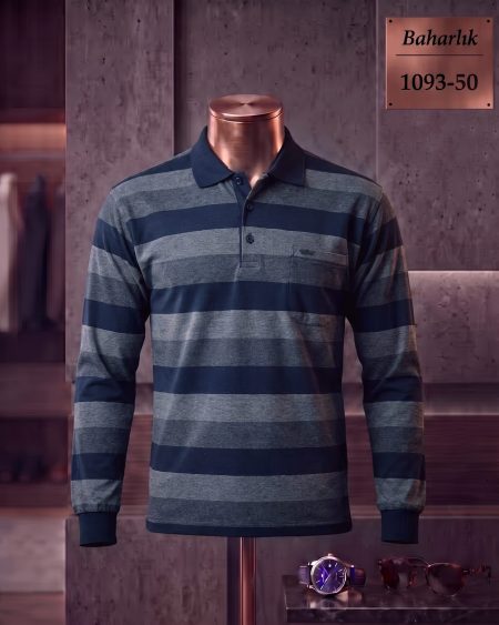 Mid-Season Striped Long Sleeve Polo Shirt with Pocket — 1093-50