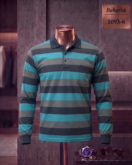 Mid-Season Striped Long Sleeve Polo Shirt with Pocket — 1093-6