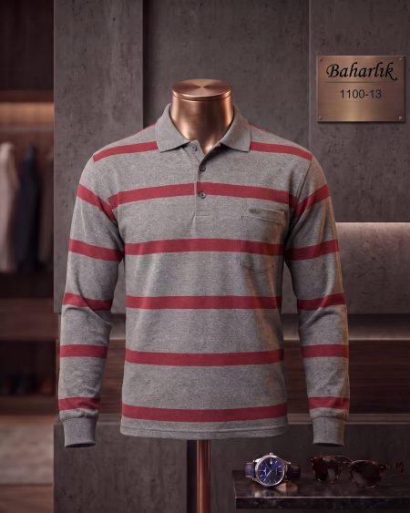 Mid-Season Striped Long Sleeve Polo Shirt with Pocket — 1100-13