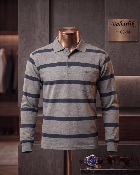 Mid-Season Striped Long Sleeve Polo Shirt with Pocket — 1100-14