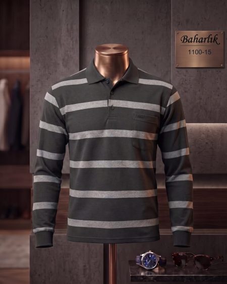 Mid-Season Striped Long Sleeve Polo Shirt with Pocket — 1100-15