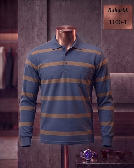 Mid-Season Striped Long Sleeve Polo Shirt with Pocket — 1100-1