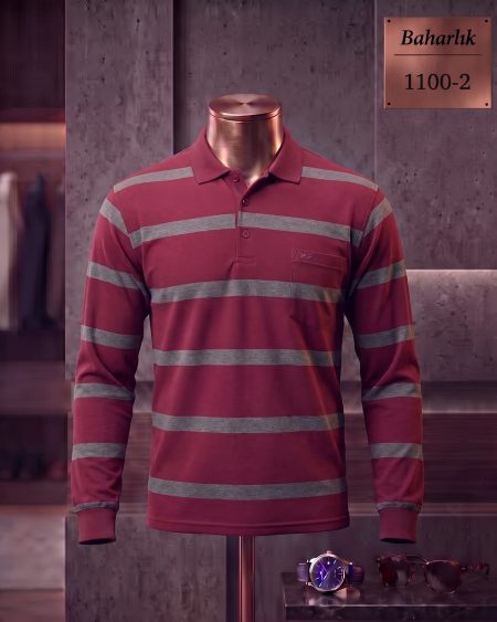 Mid-Season Striped Long Sleeve Polo Shirt with Pocket — 1100-2