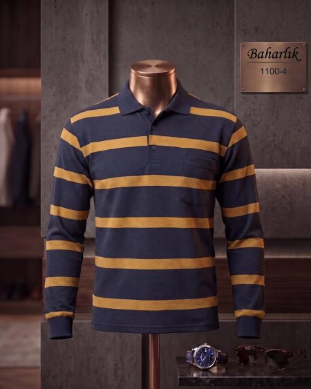 Mid-Season Striped Long Sleeve Polo Shirt with Pocket — 1100-4