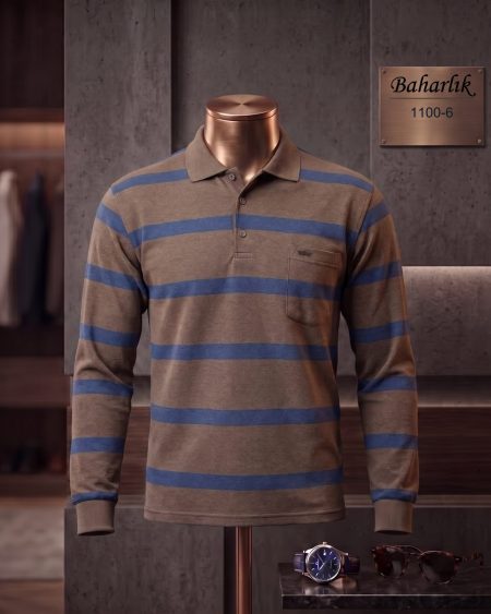 Mid-Season Striped Long Sleeve Polo Shirt with Pocket — 1100-6