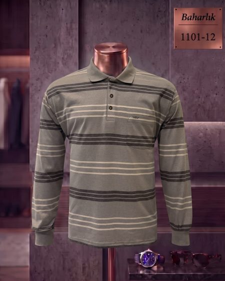 Mid-Season Striped Long Sleeve Polo Shirt with Pocket — 1101-12