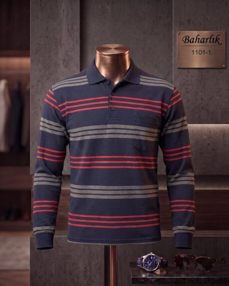 Mid-Season Striped Long Sleeve Polo Shirt with Pocket — 1101-1