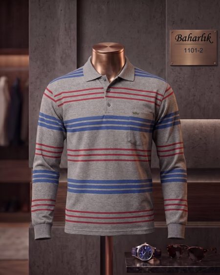 Mid-Season Striped Long Sleeve Polo Shirt with Pocket — 1101-2