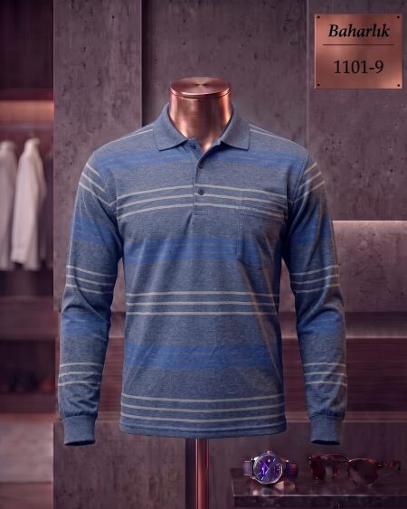 Baharlık Ringel Cepli Polo Yaka Uzun Kollu Tişört — 1101-9