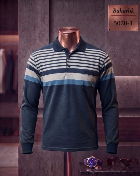 Baharlık Ringel Cepli Polo Yaka Uzun Kollu Tişört — 5020-1