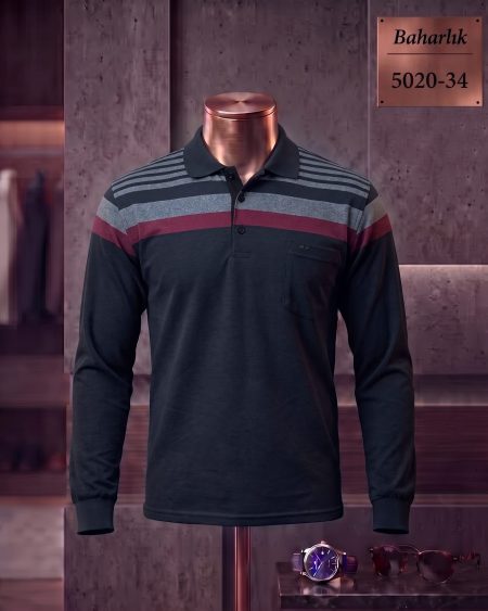 Baharlık Ringel Cepli Polo Yaka Uzun Kollu Tişört — 5020-34