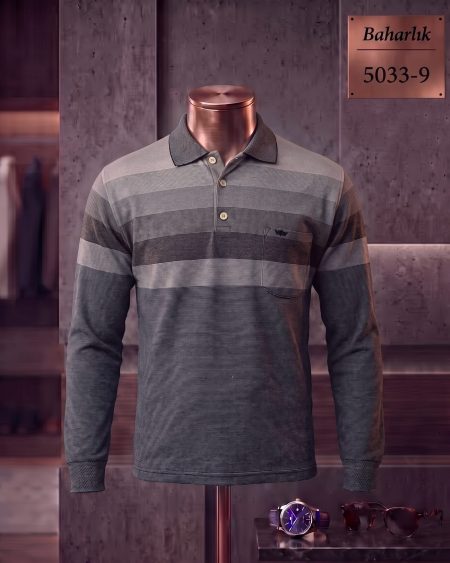 Mid-Season Striped Long Sleeve Polo Shirt with Pocket — 5033-9