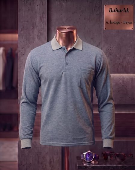 Baharlık Düz Polo Yaka Uzun Kollu Tişört — Açık İndigo, Beyaz