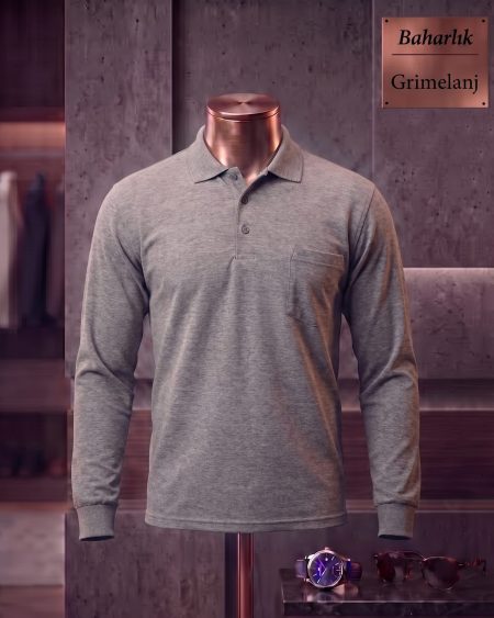 Baharlık Düz Polo Yaka Uzun Kollu Tişört — Gri Melanj
