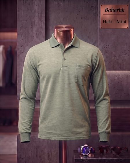 Baharlık Düz Cepli Polo Yaka Uzun Kollu Tişört — Haki, Mint