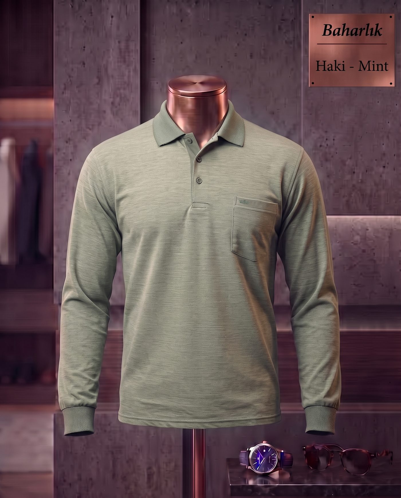 Baharlık Düz Cepli Polo Yaka Uzun Kollu Tişört — Haki, Mint