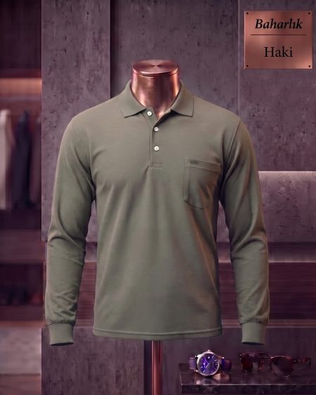Baharlık Düz Cepli Polo Yaka Uzun Kollu Tişört — Haki