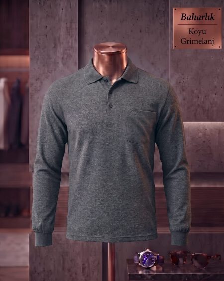 Baharlık Düz Cepli Polo Yaka Uzun Kollu Tişört — Koyu Gri Melanj