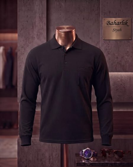 Baharlık Düz Cepli Polo Yaka Uzun Kollu Tişört — Siyah