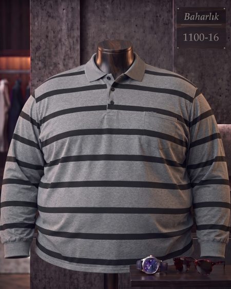 Mid-Season Striped Long Sleeve Polo Shirt with Pocket (Super Plus Size) — 1100-16