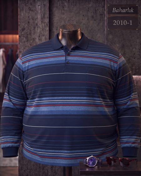 Mid-Season Striped Long Sleeve Polo Shirt with Pocket (Super Plus Size) — 2010-1