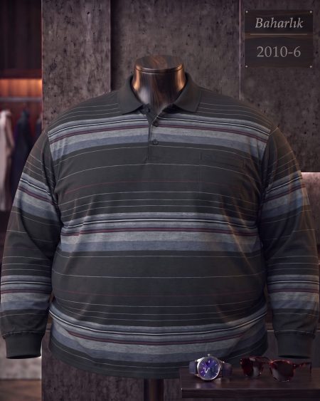 Mid-Season Striped Long Sleeve Polo Shirt with Pocket (Super Plus Size) — 2010-6