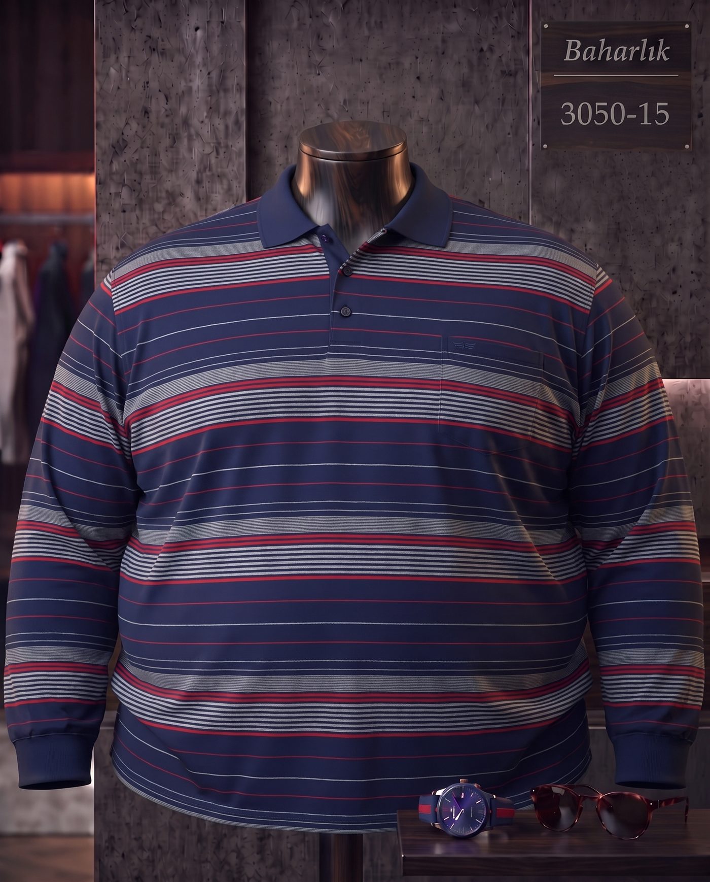 Baharlık Ringel Cepli Polo Yaka Uzun Kollu Tişört (Süper Battal) — 3050-15