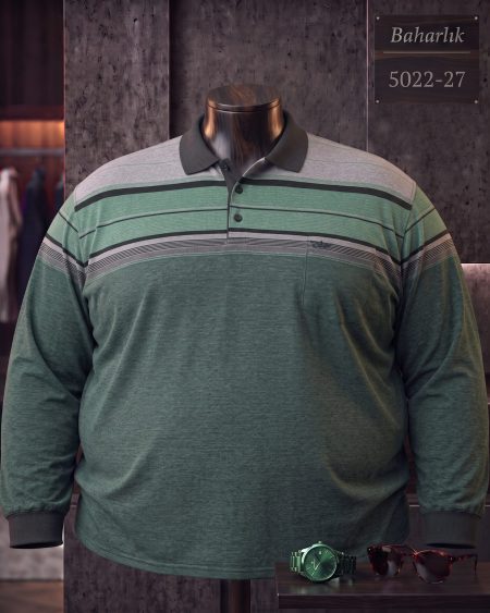 Mid-Season Striped Long Sleeve Polo Shirt with Pocket (Super Plus Size) — 5022-27