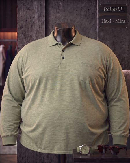 Baharlık Düz Cepli Polo Yaka Uzun Kollu Tişört (Süper Battal) — Haki, Mint