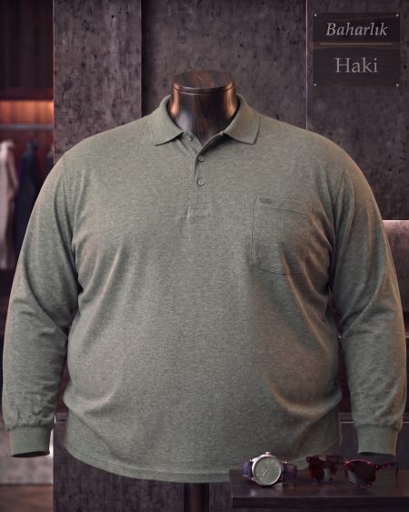 Baharlık Düz Cepli Polo Yaka Uzun Kollu Tişört (Süper Battal) — Haki