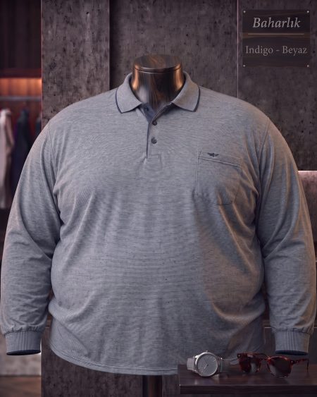 Baharlık Düz Cepli Polo Yaka Uzun Kollu Tişört (Süper Battal) — İndigo, Beyaz