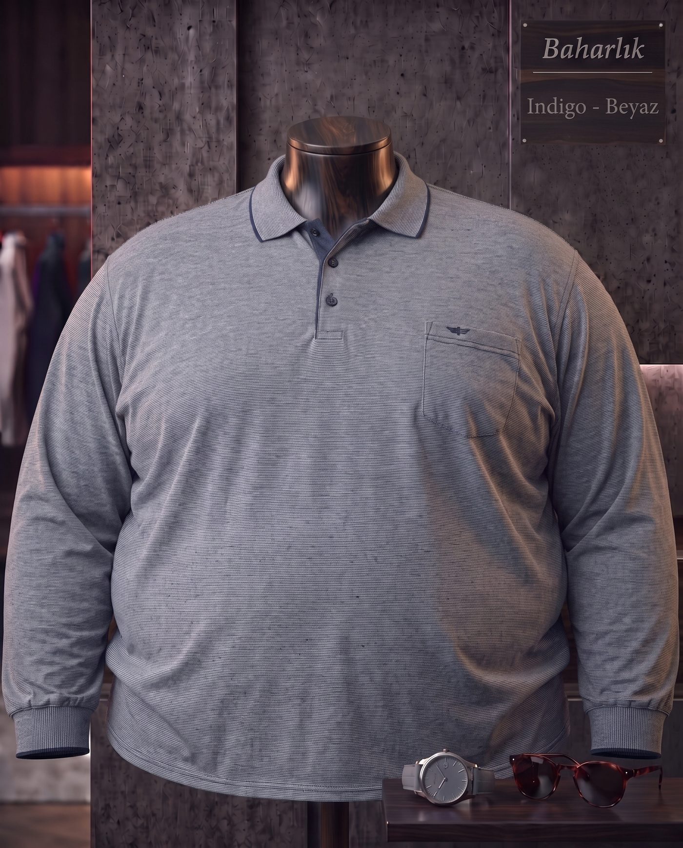 Baharlık Düz Cepli Polo Yaka Uzun Kollu Tişört (Süper Battal) — İndigo, Beyaz